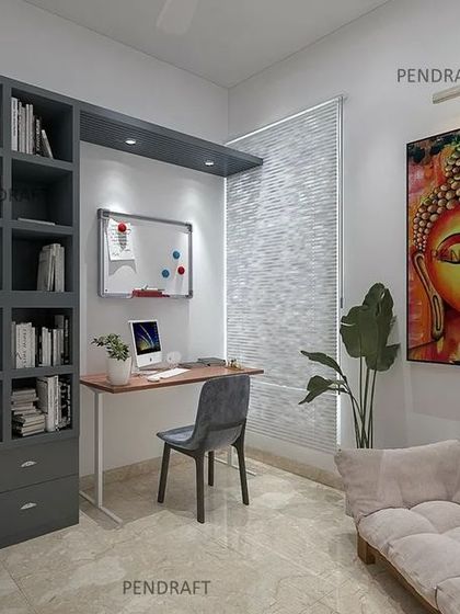 The other side of the study room, showing a large, dark grey bookshelf providing ample storage, a sleek desk, and a vibrant Buddha painting to enhance the meditative quality of the space.