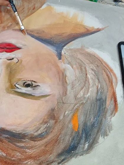 An in-progress portrait painting, showing the initial blocking of colors and shapes from a reference photo.