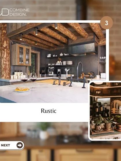 This image is part of a style exploration, showcasing a rustic kitchen concept. I used raw wood beams, a tree-trunk support, and stone elements to create a space that feels connected to nature.