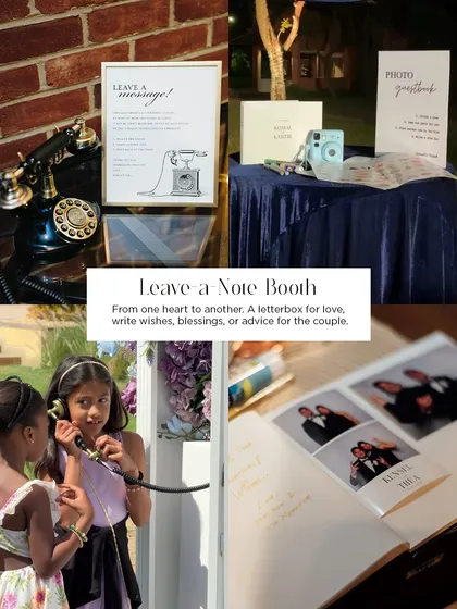 This collage shows various ways for guests to leave their mark, from an audio guestbook using a vintage telephone to a classic photo album. We provide multiple creative options for capturing well wishes.