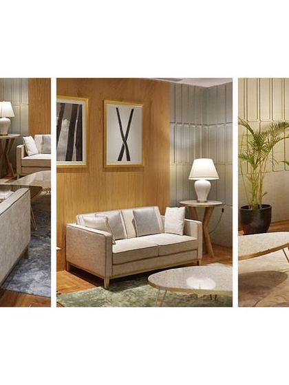 A collage of the Private Lounge area at the Bangalore airport lounge project. This isolated space uses a more subtle color palette of grey and beige, with a fluted glass partition creating an exclusive threshold.