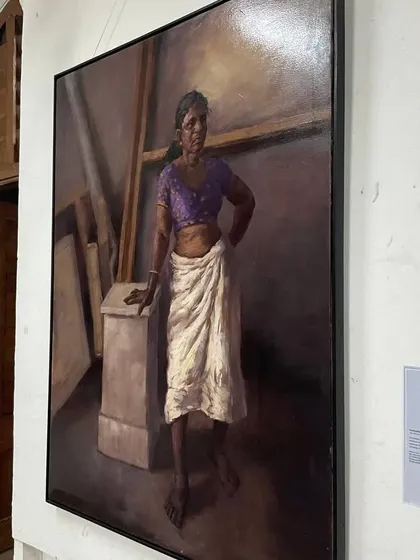 Another angle of my large-scale portrait "Amma," showing how the painting commands a presence in a room.