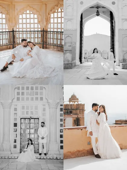 A collage of four key shots from an Amer Fort session, blending wide architectural views with intimate couple portraits.