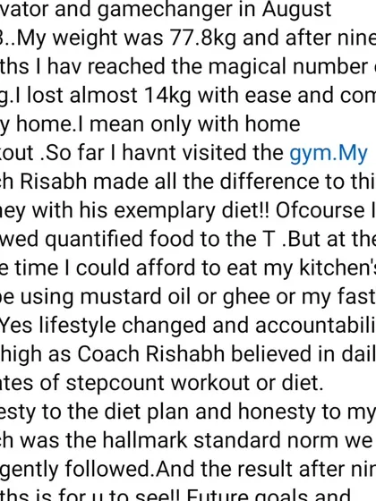 A testimonial from my client over 60 who lost 14 kg with home workouts. She highlights how she could still eat her kitchen's recipes with ghee and mustard oil because we focused on quantified nutrition, not starvation.
