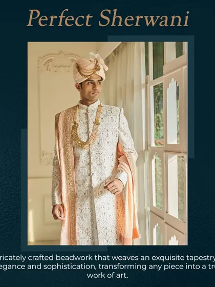 The perfect sherwani, captured in a moment of quiet reflection. This image highlights the intricate beadwork and sophisticated silhouette of our signature groom's attire.