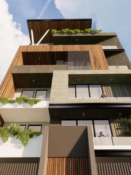 A facade design that plays with linear voids and double-height spaces. The composition uses a mix of wood, dark panels, and stone textures, with cantilevered balconies and integrated greenery adding depth and interest.