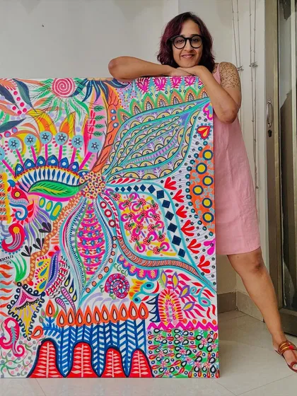 Here I am with 'Simplicity,' a 3x4ft acrylic on canvas piece. It’s a great example of how I use simple, repeating patterns to build a complex and stunning visual. This kind of canvas art is perfect for anyone wanting to bring a burst of my psychedelic style into their home.