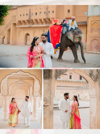 A collage from Ashish and Pallavi's shoot, including a majestic shot with an elephant at Amer Fort, capturing the essence of a royal Jaipur pre-wedding experience.