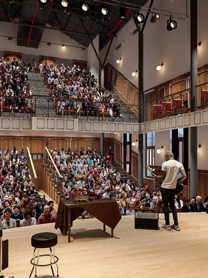 Another render of the proposed theatre, this time from the stage's perspective, illustrating how the space will feel for performers and the audience.