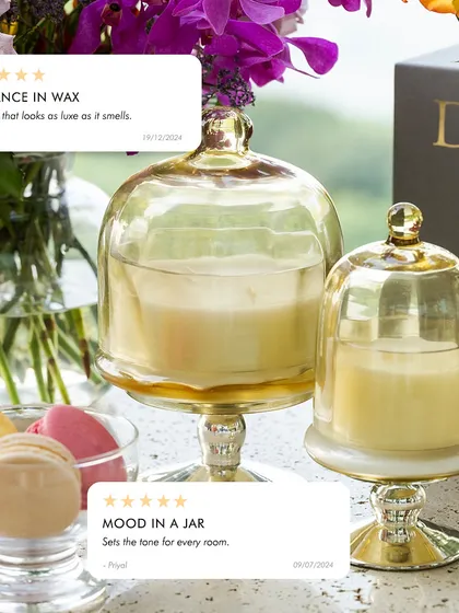 "Elegance in wax," and "Mood in a jar." I love how you describe my Sundance Aura cloche candles. They are designed to set the tone for any room, looking as luxe as they smell.