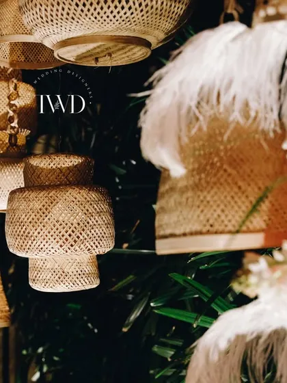 We used natural, woven materials and feathers to create unique hanging decor for the Desert Spice Sangeet, adding texture and a touch of the exotic.