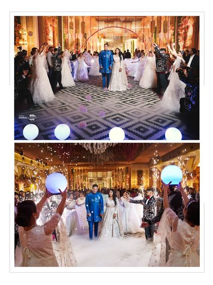 The couple's grand reception entrance, with dancers holding illuminated orbs. This collage shows the scale and choreography of a high-end wedding celebration.