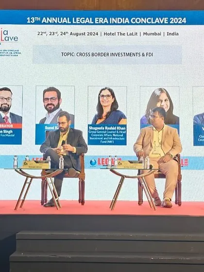 This photo shows our Partner, Rohan Singh, moderating a panel on Cross Border Investments & FDI at the 13th Annual India Conclave by Legal Era. The discussion brought together general counsels to explore regulatory challenges and strategic opportunities in international transactions.