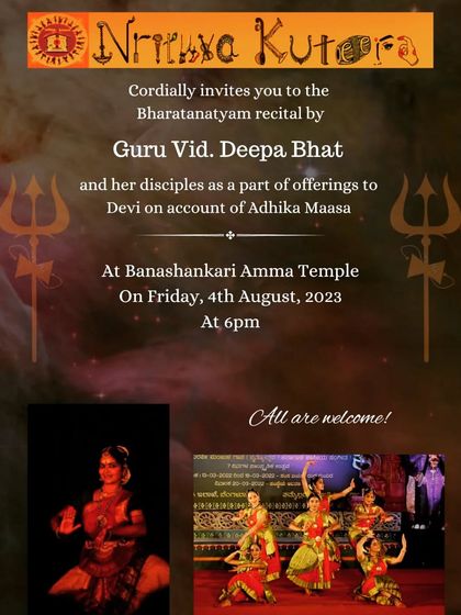 An invitation for our performance at the Banashankari Amma Temple as part of the 'Adhika Maasa' offerings. We regularly perform for special religious occasions.