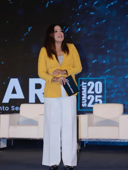 A candid shot from the Cyberguard 2025 Summit stage, capturing the dynamic and unscripted moments of a live event.