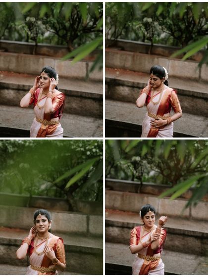 A collage of candid moments as the bride gets ready. These shots capture her adjusting her hair and jewelry, showing the small, beautiful details of her preparation.