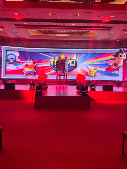 The stage is set for the "Tokyo Tashan" event. My VJ setup allows for custom-branded visuals, like the anime-themed graphics here, to perfectly match the event's theme.