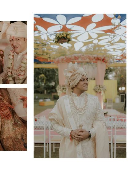 A portrait of the groom, looking away with a gentle smile. This collage also includes details of the bride's hands, telling a small story of the two individuals.
