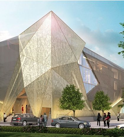 This jewellery showroom's design is inspired by the facets of a diamond. The angular, crystalline form of the façade creates a unique and memorable architectural statement that reflects the nature of the business within.