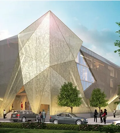 This jewellery showroom's design is inspired by the facets of a diamond. The angular, crystalline form of the façade creates a unique and memorable architectural statement that reflects the nature of the business within.