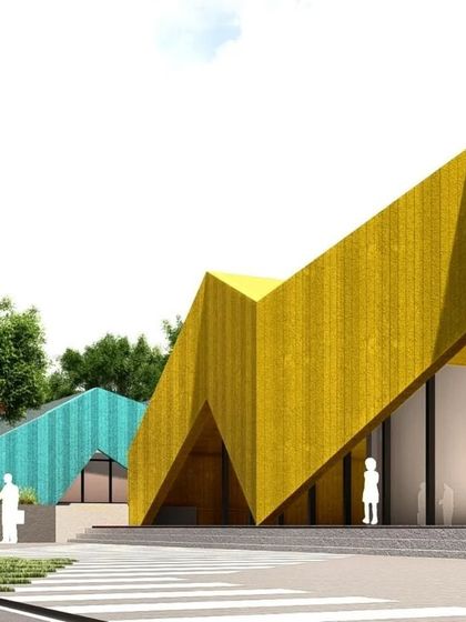 An unbuilt public project from 2023, where we explored bold, geometric forms and vibrant colors. The buildings are designed to grow out of the landscape, creating a dynamic public community space.