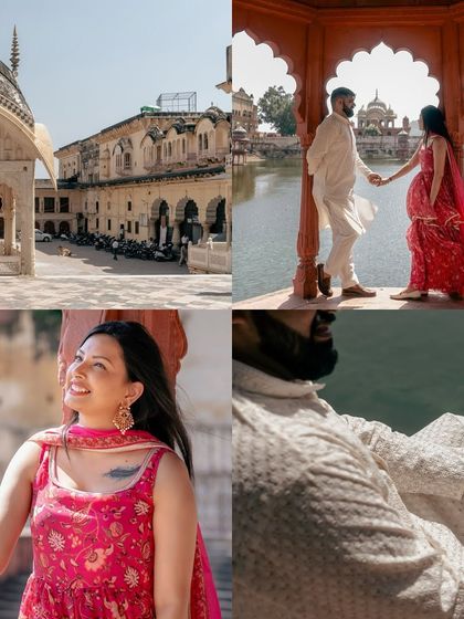 A collection of moments from a palace photoshoot in Rajasthan, highlighting both the stunning location and the couple's beautiful connection.