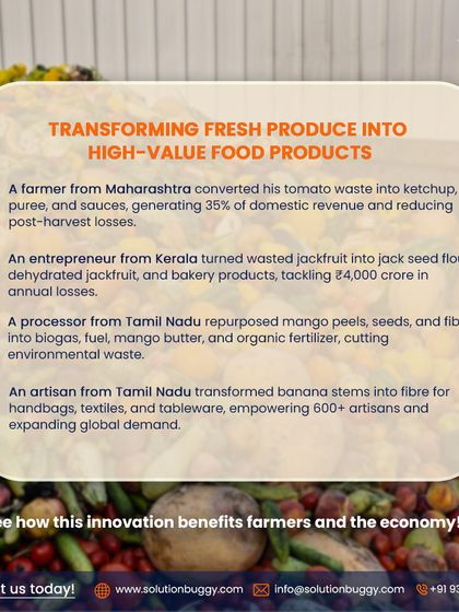 This graphic showcases four success stories of entrepreneurs transforming food waste into high-value products. From turning tomato waste into ketchup to converting banana stems into fibre, these examples illustrate the tangible, profitable outcomes we help our clients achieve.