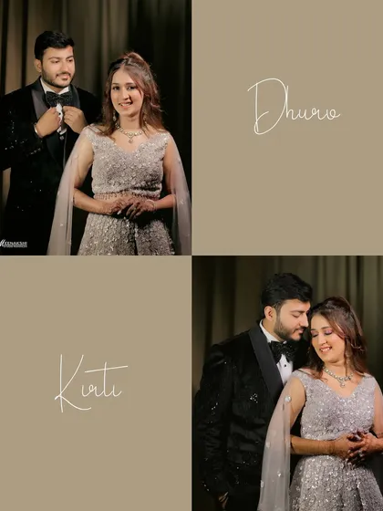 A modern and chic collage introducing the couple, Dhruv and Kirti, on their engagement day. The clean design focuses on their stylish portraits.