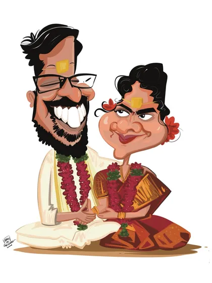 A vibrant wedding caricature capturing the special moment for a lovely South Indian couple. I focus on exaggerating expressions and details, like the wedding garlands, to create a fun and memorable portrait that celebrates their big day.