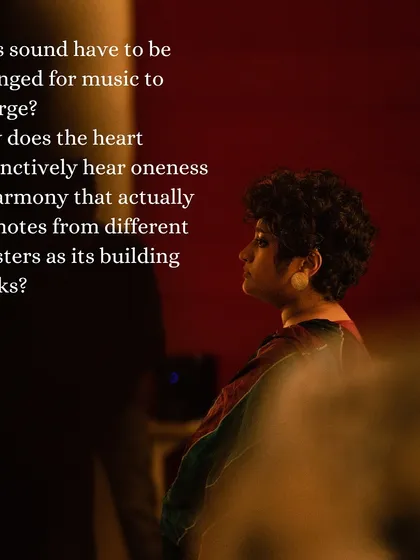 A reflective moment from 'Many Moons', a performance that questioned the very nature of music and sound. Does sound have to be arranged for music to emerge? The show invited audiences to listen with their hearts.