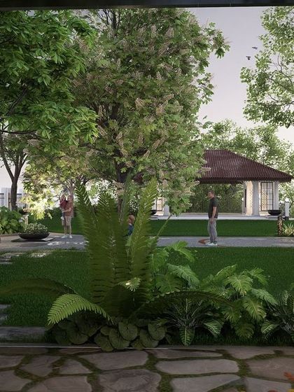 For the Nilaya Residence, I designed expansive party lawns and garden spaces that respect the rich context of Mangalore. The landscape uses lush ferns and natural stone to complement the home's colonial architecture, creating a serene and elegant setting for gatherings.