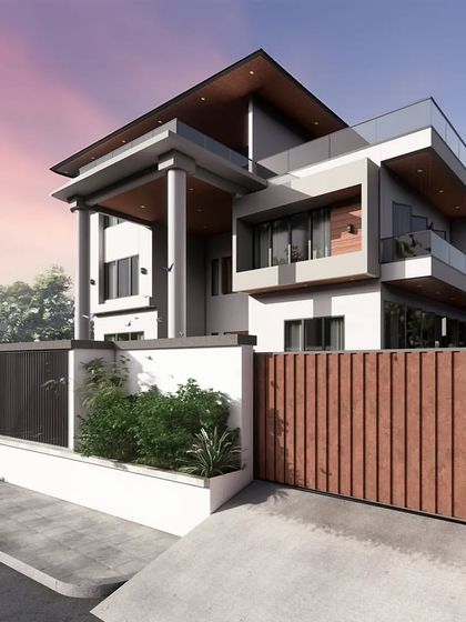 A dusk view of "The Honest House" facade. The lighting design accentuates the architectural forms and the warm wooden gate, creating a striking and welcoming image.