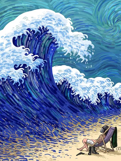 A soldier sits relaxing on a beach, his gun and helmet beside him, seemingly oblivious to the massive, swirling wave about to crash down. It's a metaphor for an impending storm and the calm before a great, inevitable change.