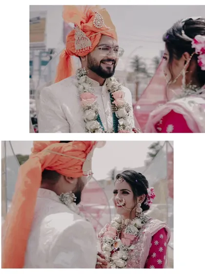 A collage of the couple exchanging garlands during their Varmala ceremony, capturing their happy expressions.