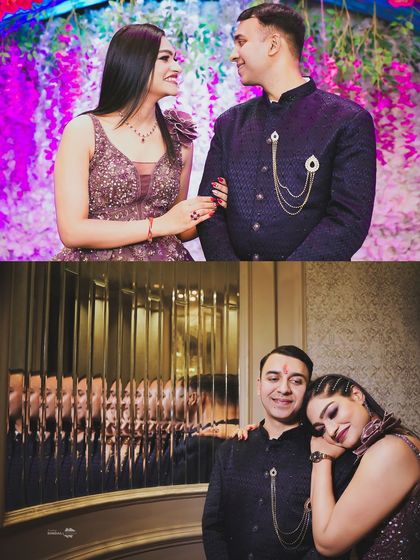 A collage of the couple's engagement moments. It shows their loving gazes and a tender moment of the bride resting her head on the groom's shoulder.