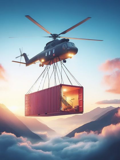 A dramatic AI image of a container home delivery over a mountain range.