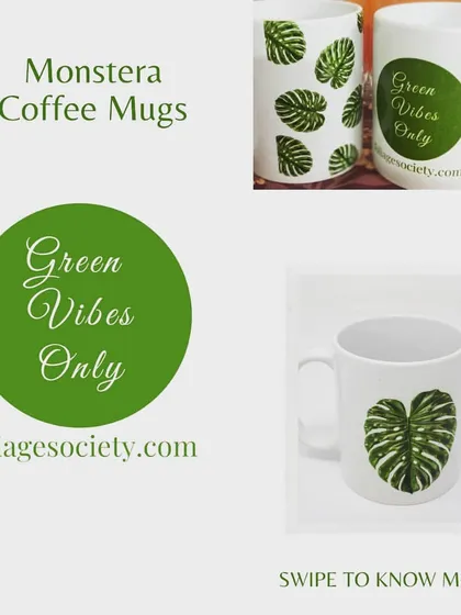 A collage of our Monstera-themed coffee mugs. Featuring designs like "Green Vibes Only" and various leaf patterns, these reusable ceramic mugs are a stylish way to reduce the waste created by single-use coffee cups.