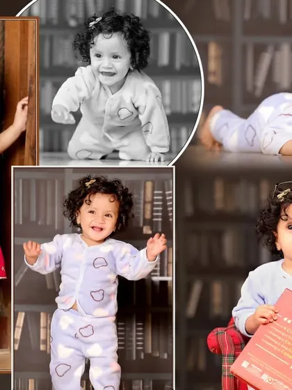 This collage shows the different setups we can create in our studio, from a playful library theme to a classic portrait look for your baby's photoshoot.