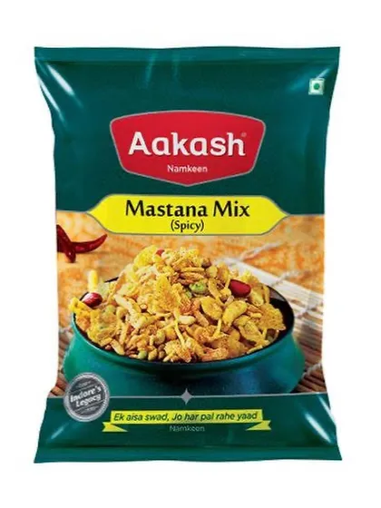 The spicy Mastana Mix from Aakash Namkeen. This popular Indori mixture contains a variety of crunchy elements and is seasoned for a chatpata flavour.