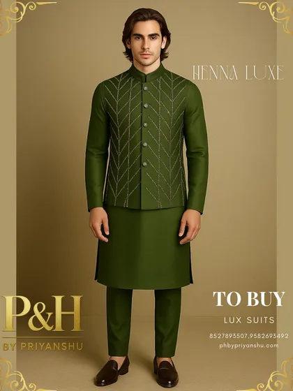 I created this ensemble for pre-wedding celebrations like the Mehndi ceremony. The classic olive green kurta is paired with a tailored Nehru jacket featuring a modern, geometric hand-embroidered pattern, offering a look that is both sophisticated and effortlessly stylish.