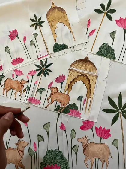 A closer look at the hand-painted Rajasthani theme. This design was created for a father and his 8-month-old son, a special way to connect them through art.
