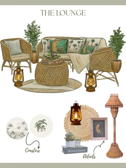 The design concept for 'The Lounge' at the safari party. This sketch details the specific furniture, props like lanterns and coasters, and the overall layout to create a cozy and thematic corner.