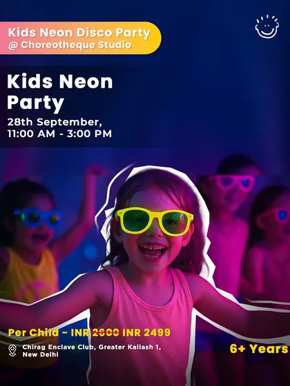 Another poster for the Kids Neon Party, a high-energy event with music, dancing, and glow-in-the-dark fun.