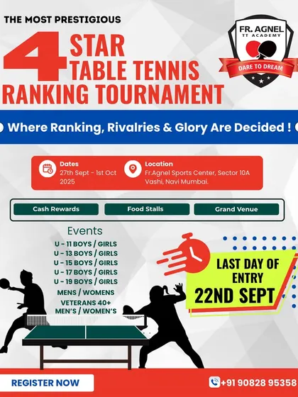 Another one of our promotional designs for the 4 Star Ranking Tournament, highlighting key information like event categories from U-11 to Veterans 40+. Our marketing materials are designed to attract a wide range of participants.