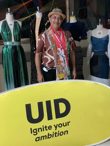 Posing at the Unitedworld Institute of Design (UID) during a workshop focused on igniting ambition through sustainable design.