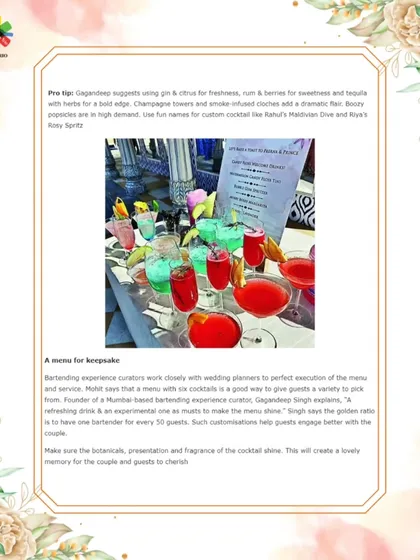A snapshot of our feature in The Times of India, where our founder shared pro tips on creating a memorable bar experience for weddings. This includes advice on menu curation, signature drinks, and presentation.