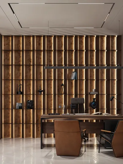 Another angle of the CEO's office, highlighting the rich texture of the wall and the modern, executive furniture.