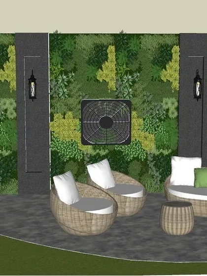 This 3D concept shows a cozy seating area on a terrace, with a green wall cleverly designed to hide outdoor AC units. This is how I blend functionality with beautiful design.