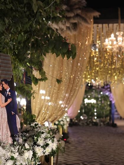 A close-up of the personalized welcome sign, adding a beautiful, custom touch to the sangeet ceremony entrance.