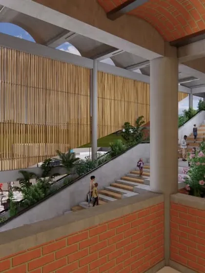 The interplay of brick, concrete, and bamboo creates a rich material palette that is both modern and rooted in tradition.